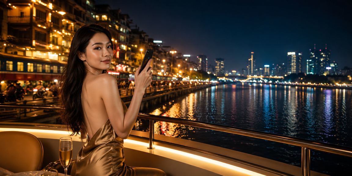 Cảnh đường phố Hà Nội về đêm với biển hiệu neon rực rỡ gợi không khí nhận thưởng nạp tiền sôi động