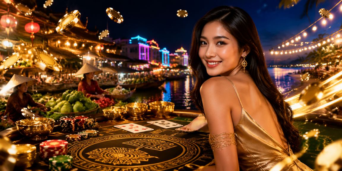 Bàn Baccarat neon lung linh tại sòng bài khu vực Mekong, không khí sôi động về đêm