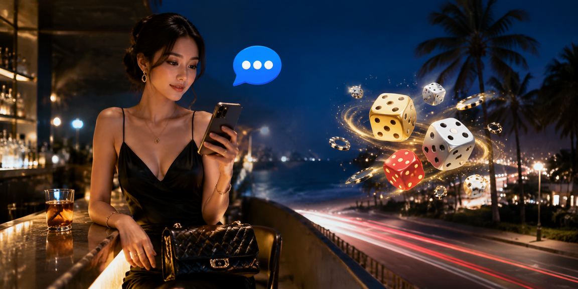 Bộ xúc xắc Tài Xỉu trên bãi biển Mũi Né với ánh nắng chiều vàng và sóng biển nhẹ nhàng